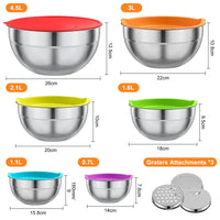 1 x RAW Customer Returns LEIKEEGO mixing bowl with lid set of 6, stainless steel bowl set with splash guard, mixing bowl set with 3 grater attachments, size 4.5L, 3L, 2.1L, 1.6L, 1.1L, 0.7L - RRP €23.99