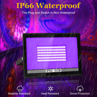 1 x RAW Customer Returns 100W LED black light spotlight, T-SUNUS 2 LED spotlights UV party with plug 395-405NM IP66 waterproof black light lamp LED UV spotlight floodlight for poster decoration party stages - RRP €49.99