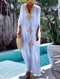 1 x RAW Customer Returns Bsubseach Gold Embroidery Long Kaftan Dresses V Neck Caftan Dress Beach Cover Ups for Women White - RRP €31.25