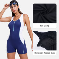 1 x RAW Customer Returns BALEAF Women s Swimsuit with Leg Sports Swimsuit Zipper One Piece Competition Swimsuit Tummy Control Blue and White 42 - RRP €30.71