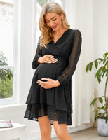 1 x RAW Customer Returns Clearlove Maternity Dress Women s V-Neck Long Sleeve Nursing Dress Swiss DOT Maternity Dresses with Ruffles - RRP €30.11