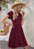 1 x RAW Customer Returns MOLERANI Summer Dress Women Knee Length Ruffle Sleeve V-Neck Casual Swing Elastic Waist Midi Dress with Pockets Deep Wine Red S - RRP €37.99