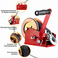 1 x RAW Customer Returns Pindex hand winch with 10m webbing 1600kg 3500LS, cable winch with brake for workshop garage trailer, boat winch for boat, red - RRP €67.99