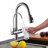 1 x RAW Customer Returns Onyzpily Brushed Nickel Pure Water Kitchen Faucet with Extendable Double Handle Hot and Cold Drinking Water 3 Way Filter Kitchen Mixer Taps - RRP €71.59