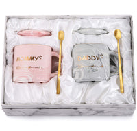 1 x RAW Customer Returns WUWEOT 350 ml coffee cup set ceramic mommy and daddy pair of cups with marbling patterns coffee mug set gift set with lid spoon gift box perfect for coffee tea and water - RRP €29.99