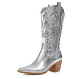 1 x RAW Customer Returns ErikenUrben Women s Metallic Cowboy Boots Embroidered Western Boots Sparkly Half Shaft Boots Pointed Toe Cowgirl Boots Pull on Silver Size 12 - RRP €57.13