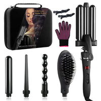 1 x RAW Customer Returns Curling iron set, 5 in 1, with various attachments, tourmaline ceramic wave iron, straightening brush, with storage box LED display, large and small curls for all hair styling - RRP €63.74