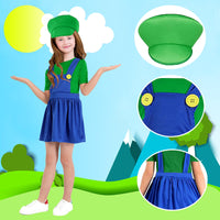 1 x RAW Customer Returns Mario Costume Children Girls Halloween Costume Children Mario and Luigi Costume Halloween Costumes with Cap Mustaches Gloves Carnival Costume Cosplay Dress Fancy Dress Costumes Children Girls Set Green, M  - RRP €14.11