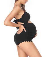 1 x RAW Customer Returns EastElegant Maternity Bikini One Piece Open Back Maternity Bikini Wavy Maternity Swimsuit Black Large - RRP €99.0