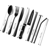 1 x RAW Customer Returns Odoland Cutlery Set 9 Pieces Stainless Steel Camping Cutlery with Steak Knives Knife Fork Spoon Portable Outdoor Travel Cutlery with 2 Straws Cleaning Brush Case Idea Gift for Travel Camping Black - RRP €16.72