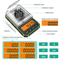 1 x RAW Customer Returns ORIA Precision Scale 0.001g, Digital Milligram Scale 50g 0.001g, Digital Pocket Scale with LCD Display, Lab Digital Scale, Portable Mini Scale with Weighing Pan, Calibration Weights and Tweezers - Green - RRP €21.8