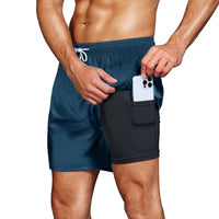 1 x RAW Customer Returns HMIYA Men s Swimming Trunks 2 in 1 Swimming Shorts Quick-Drying Short Board Shorts with Compression and Zip Pockets Denim Blue 3XL  - RRP €25.4