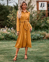 3 x Brand New BebreezChic Women s Long V-Neck Dress Long Sleeve Flowy Buttoned Split Elegant Shirt Dresses with Belt, Yellow XL - RRP €104.97