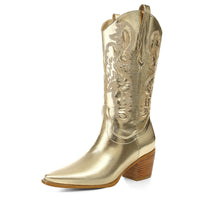 1 x RAW Customer Returns ErikenUrben Women s Metallic Cowboy Boots Embroidered Western Boots Sparkly Mid Calf Boots Pointed Toe Cowgirl Boots Pull on Gold Size 10 - RRP €66.06