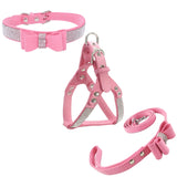 1 x Brand New Newtensina Bow Tie Dog Collar Harness Lead Sets Comfortable Soft Puppy Collar Diamante with Harness and Leash Set for Dog - Pink - M - RRP €20.62