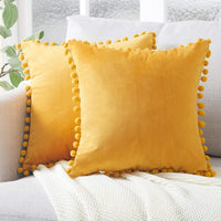 1 x RAW Customer Returns Topfinel Set of 2 Velvet Cushions with Pompoms Solid Color Cushion Covers Decorative Pillow Case Head Cushion Seat Cushion Throw Pillow Couch Cushion for Sofa Bedroom Office Car 50X50cm Yellow - RRP €18.99