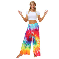 1 x RAW Customer Returns Nuofengkudu women s long patterned high waist yoga pants wide leg elegant hippie summer pants loose light colorful boho summer beach relaxation pants festive leisure pants 014-Rainbow, L XL  - RRP €25.2