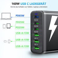 1 x RAW Customer Returns LAMJAD USB C charger multiple, 160W GaN USB C power supply 3 USB-C 3 USB-A , 6 ports fast charger compatible with MacBook Pro Air, iPad Pro Air, iPhone Samsung Google Xiaomi Huawei Black  - RRP €36.09