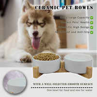 4 x Brand New 2 Ceramic Bowls with Bamboo Stand for Dogs and Cats for Pets - Elevated Ceramic Cat Bowl, Food Bowl and Water 850ml 2, White  - RRP €81.6