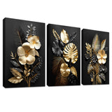 1 x RAW Customer Returns 3 Panels 3D Black Gold Flowers With Frame Canvas Pictures Monstera Coconut Leaves Picture on Canvas Painting Poster Wall Pictures Living Room Bedroom Bathroom Wall Decoration 90x40cm 12 x16 x3pcs  - RRP €30.24