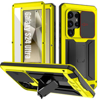 1 x RAW Customer Returns qichenlu Metal Bumper Screen Protector Glass Silicone 360 Degree Case for S24 Ultra, Sliding Camera Protection Stand, Military Standard 810G Drop-proof Armor Case for Samsung Galaxy S24 Ultra, Yellow - RRP €32.32