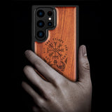 1 x RAW Customer Returns Carveit Phone Case for Galaxy S23 Ultra Case Wood and TPU Silicone Hybrid Case Shockproof Bumper Phone Case Compatible with Samsung s23 Ultra Hull Cover Rosy Viking Compass Vegvisir  - RRP €29.99