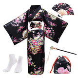 1 x RAW Customer Returns PLULON 5 Pieces Japanese Geisha Yukata Dress, Floral Satin Robe with Drawstring, Hand Fan, Hairpin, Tabi Socks Set for Women - RRP €28.42