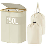 1 x RAW Customer Returns Lifewit 150L Laundry Basket with Large Lid, Dirty Clothes Basket with Bamboo Handles, Foldable Laundry Bucket with 2 Sections and Removable Washable Bag, Laundry Basket for Bathroom, Laundry Room, Beige - RRP €40.33