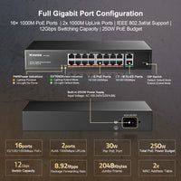 1 x RAW Customer Returns MokerLink 16 Port Gigabit PoE Switch, 2 Gigabit Uplink, 250W IEEE802.3af at, Unmanaged Rackmount Plug and Play Ethernet Switch - RRP €113.09