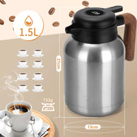 1 x RAW Customer Returns Thermos flask 1.5L, coffee pot made of double-walled 304 stainless steel, teapot thermo with removable tea strainer, insulated jug with wooden handle, 12h heat 18h cold silver  - RRP €35.28