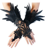 1 x RAW Customer Returns keland Women s Black Feather Lace Fingerless Long Gloves for Wedding Halloween Maleficent Costume Black-01  - RRP €21.17