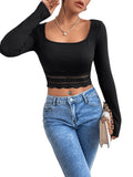 1 x RAW Customer Returns GORGLITTER Women s Crop T-Shirts Crop Tops Long Sleeve Tops with Lace Insert Slim Crop Shirt Long Sleeve Autumn Shirt Pullover Black S - RRP €24.19