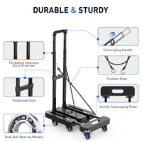 1 x RAW Customer Returns SPACEKEEPER Folding Hand Truck, 227KGS Heavy Duty Platform Cart with 6 Wheels and 2 Elastic Ropes for Luggage, Travel, Car, Shopping, Moving and Office, Black - RRP €46.99