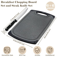 1 x RAW Customer Returns Gifcomda breakfast board set of 6 with 6 steak knives, 25x15cm small dark grey breakfast board plastic set, BPA free, antibacterial, non-slip with juice groove, dishwasher safe - RRP €25.2