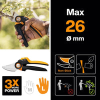 1 x RAW Customer Returns Fiskars Bypass Garden Shears L, X-series PowerGear, P961, With rolling handle, For fresh branches and twigs, Non-stick coating, Stainless steel blades, Length 22.2 cm, Black Orange, 1057175 - RRP €28.88