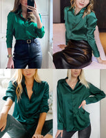 1 x RAW Customer Returns Beyove Women s Blouse Satin Silk V-Neck Shirts Elegant Long Sleeve Business Tops with Buttons Tops Loose Long Sleeve Shirt Dark Green M - RRP €26.62