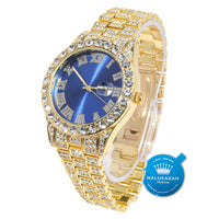 1 x RAW Customer Returns Halukakah Diamond Gold Watch, Men s 18K Real Gold Plated 42MM Width Blue Dial Quartz Bracelet 24cm, with Gift Box - RRP €20.16