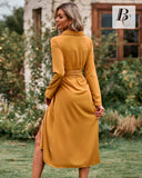 3 x Brand New BebreezChic Women s Long V-Neck Dress Long Sleeve Flowy Buttoned Split Elegant Shirt Dresses with Belt, Yellow XL - RRP €104.97