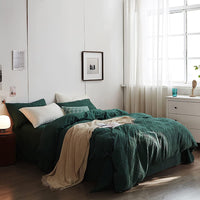 1 x RAW Customer Returns Lanqinglv bed linen 135 x 200 cm 4-piece green dark green waffle look waffle hand-knitted embroidery geometric reversible bed linen set, 2 duvet covers and 2 pillowcases 80 x 80 cm with zipper - RRP €57.46