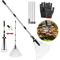 1 x RAW Customer Returns Leaf rake, garden rake, with 215cm adjustable metal rod and gloves, leaf rake, fan broom leaf rake, rake garden, fan broom metal, leaf fan, lawn rake for cleaning plants - RRP €17.84