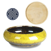 1 x RAW Customer Returns ARTKETTY 18.5 cm Round Succulent Planters Pots with Drainage Hole Bonsai Pots Garden Decorative Cactus Stand Ceramic Glazed Cactus Flower Pots Yellow with Bamboo Saucer - RRP €20.4