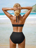 1 x RAW Customer Returns RXRXCOCO Women s Mesh Halter Backless Tummy Control High Waist Bikini Set Push Up Sexy V Neck Two Piece Swimsuits Swimwear Black Size XL - RRP €40.33