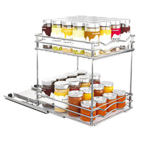 1 x RAW Customer Returns Spice rack organiser, pull-out kitchen cabinet, with cupboard shelf, storage rack, 2 levels, for kitchen, bottles, oil, ingredients, jars, cooking silver 28 x 23 x 26 cm  - RRP €45.37