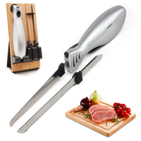 1 x RAW Customer Returns FISHTEC Electric Kitchen Knife Easy Cut Plus - With Charger and Wooden Stand - 2 Blades - Ergonomic Kitchen Knife - Ideal for Cutting Bread, Meat, Fruit, Vegetables - Gray - RRP €89.99