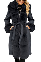 1 x RAW Customer Returns Giolshon Women s Wool Blend Fur Lined Jacket with Fur Collar Hood Long Coat with Belt Thickened 244A Black XL - RRP €95.99