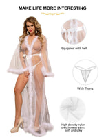 1 x RAW Customer Returns ohyeahlady Sexy Maxi Dressing Gown for Women with Belt Fashion Feather Bathrobe Underwear Negligee Lingerie Long Lace Dress Bikini Cover up White, XS-S  - RRP €47.99