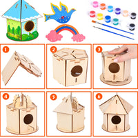 25 x Brand New Herefun DIY Wooden Birdhouse Kit, 4 PCS DIY Birdhouse Kit, DIY Birdhouse to Paint Kit with Wooden Wind Chime, Crafts for Children, Build and Paint Birdhouse Wooden Arts for Birthday Christmas - RRP €478.75