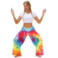 1 x RAW Customer Returns Nuofengkudu women s long patterned high waist yoga pants wide leg elegant hippie summer pants loose light colorful boho summer beach relaxation pants festive leisure pants 014-Rainbow, L XL  - RRP €24.99