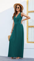 1 x RAW Customer Returns AUSELILY Maxi Dress Women s Summer Sleeveless Green Dresses Long Elegant Deep V-Neck Evening Dress with Pockets Dark Green S - RRP €34.99