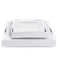 1 x RAW Customer Returns MATANA 40 white plastic plates with silver rim square, 2 sizes - sturdy party plates, plastic plates - reusable party tableware for weddings, birthdays, Christmas parties - RRP €32.99